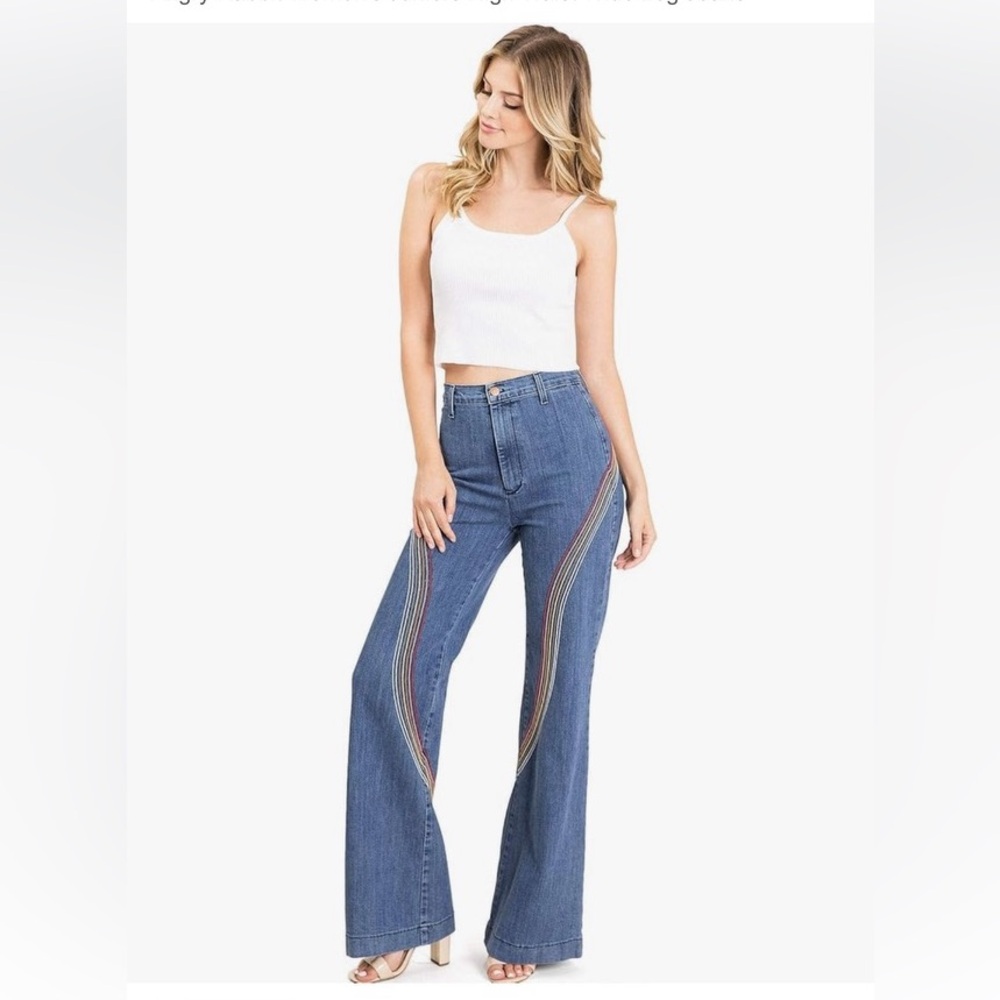 Angry Rabbit High Waisted Wide Leg Jeans Embroidered Rainbow